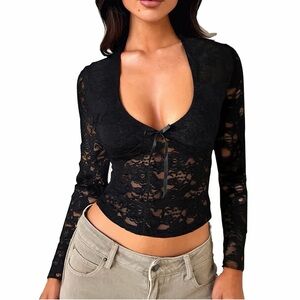 Black Lace Long-Sleeve Tie-Front Crop Top